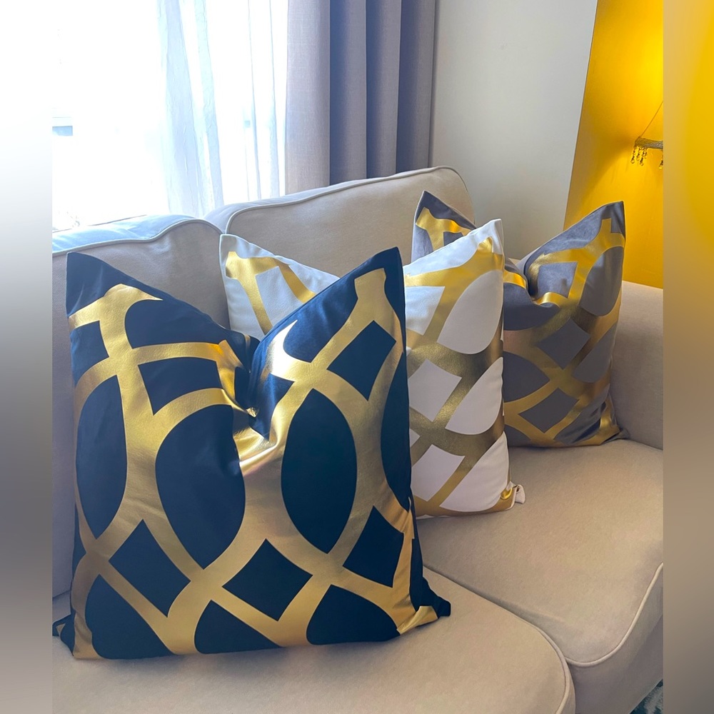 Two Luxury velvet  pillow grey,white, black with foil gold print Cover - Picture 8 of 17